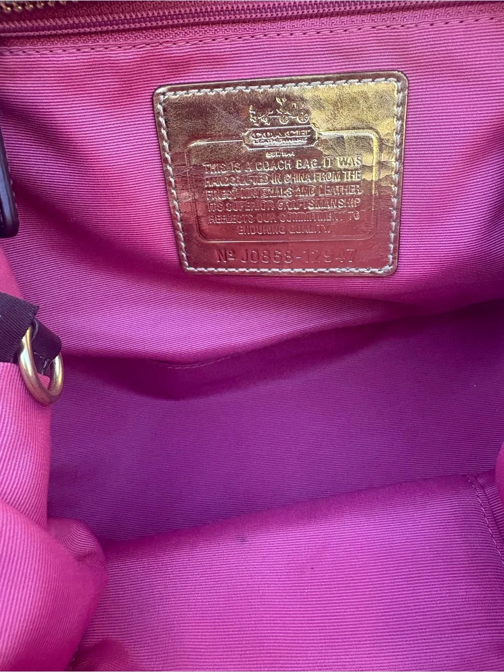 Coach Beige Signature Canvas Satchel with Brown Leather Trim & Pink Cherry Charm